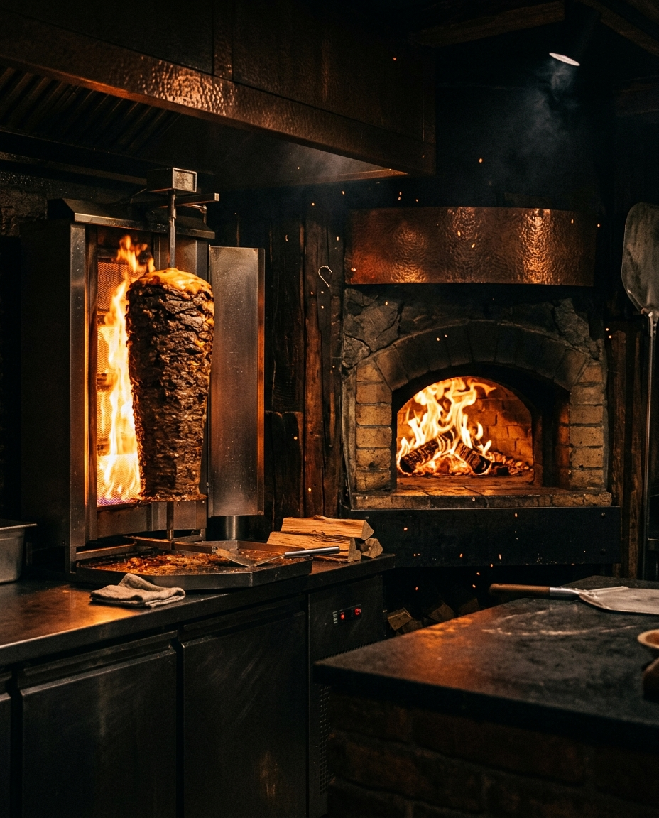 EMBER Küche mit Spieß und Steinofen im Glutlicht